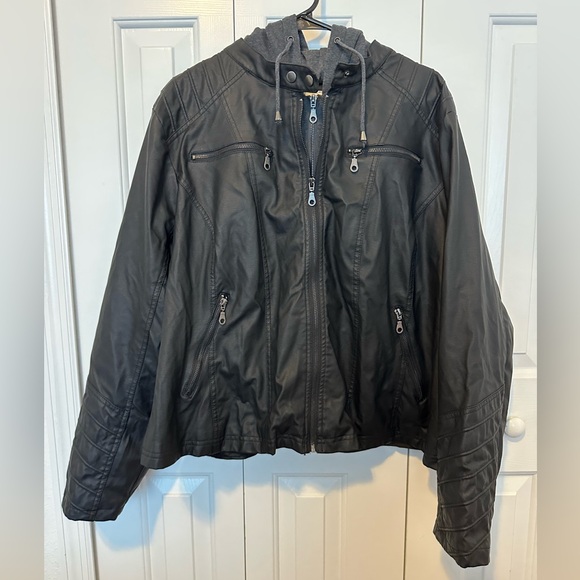 Maralyn & Me Jackets & Blazers - Plus size, faux black leather jacket with attached gray hoodie lining. Size 2x